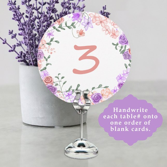 Bordsnummer för Lilac och Peach Blommigt Bröllop (wedding reception table number sign, purple lavender lilac peach rose pink roses border around edge)