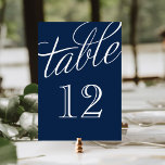 Bordsnummer för marint blått och vitt Elegant<br><div class="desc">Kort för enkel och chic elegant-bordsnummer med ett skrivteckensnitt för calligraphy stil. Anpassa varje kort med bordsnumren till kostym till storleka bröllop eller party. Klicka på Anpassa om du vill ändra talteckensnittet och färg eller ändra färg i bakgrunden om du vill skapa ditt eget unika typsnitt av ett typsnitt.</div>