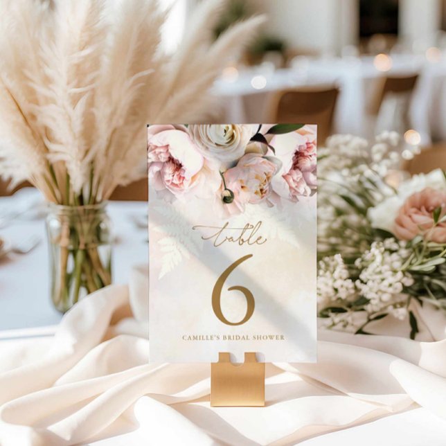 Bordsnummer för Möhippa av rosa Blommigt (Blush Floral Elegant Bridal Shower Table Number Card)