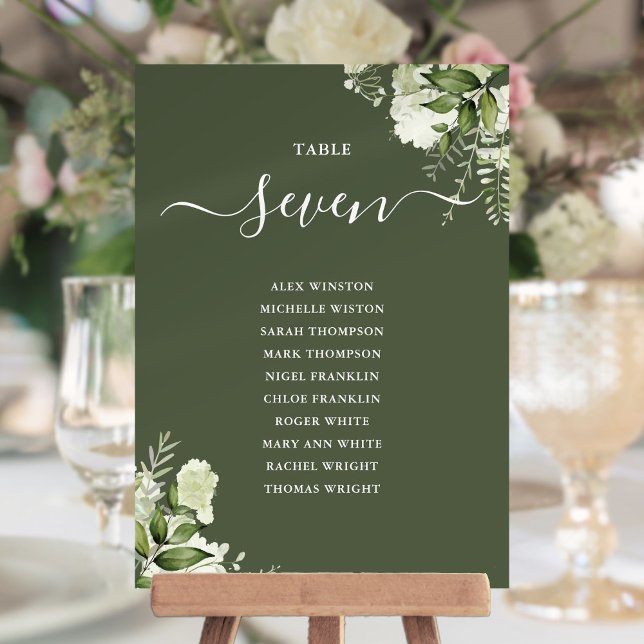 Bordsnummer för Oliv grönt sittplatsplan för blomm (Floral Olive Green Seating Plan Table Number)
