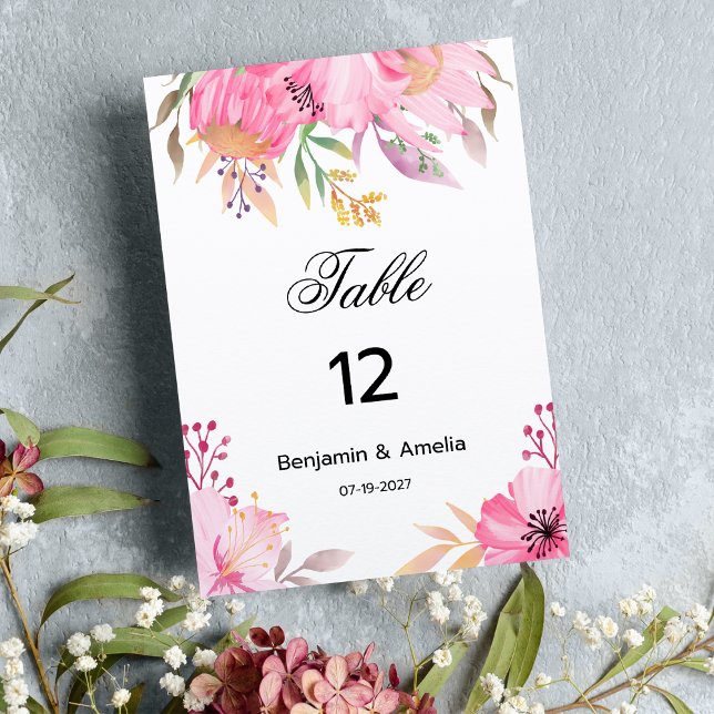 Bordsnummer för rosa av vattenfärgblommor i Botani (Botanic pink watercolor flowers Table Numbers)