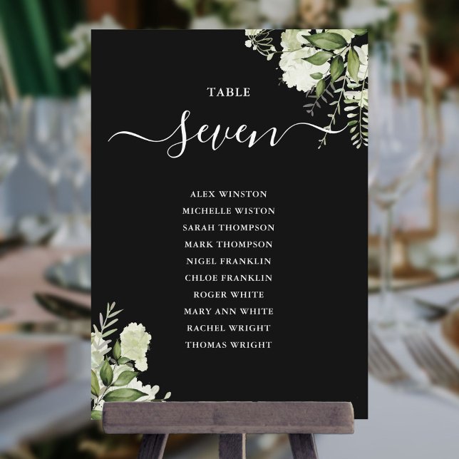 Bordsnummer för sätesplan för svartvit Blommigt (Black And White Floral Seating Plan Table Number)