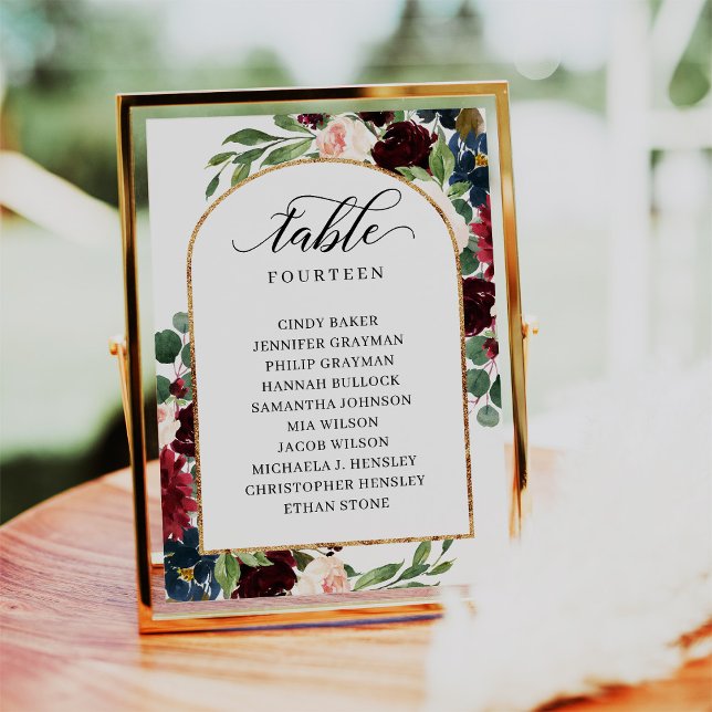 Bordsnummer för sittplatskort för Burgundy-Blommig (Burgundy Floral Table Number Seating Chart Cards)