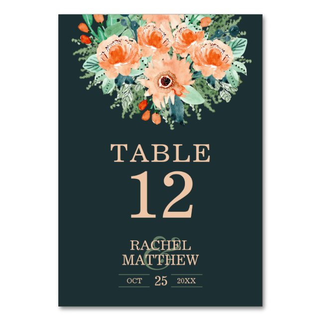 Bordsnummer för vattenfärg i Peach Jade Teal Blomm (Framsidan)