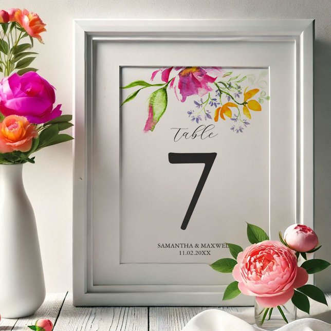 Bordsnummer för vattenfärgat Blommigt (Bold floral table numbers watercolor art by Victoria Grigaliunas DoTellABelle)