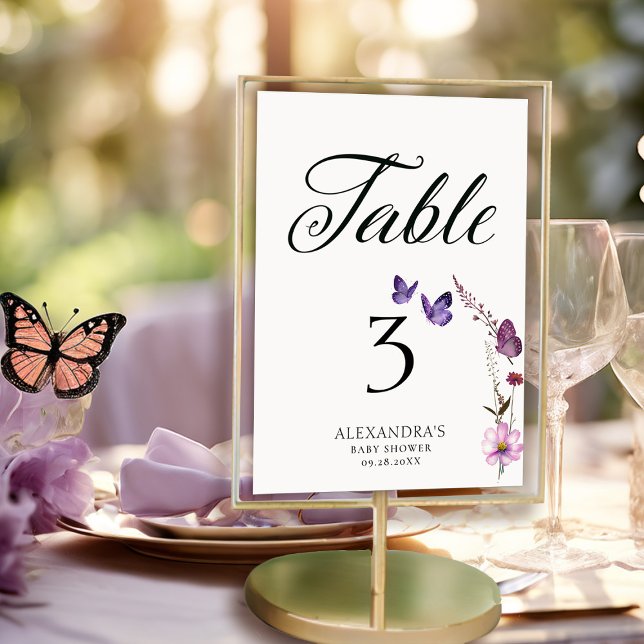 Bordsnummer för Vild av fjäril Lila Baby Shower (butterflies wildflowers table number baby shower bridal wedding birthday party spring summer garden)