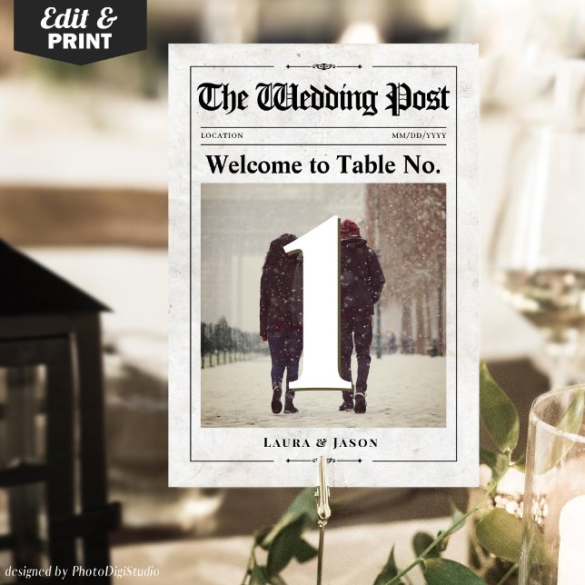 Bordsnummer för Vintage bröllop-nyhetsblad (Vintage Wedding Newspaper Photo Table Number Card)