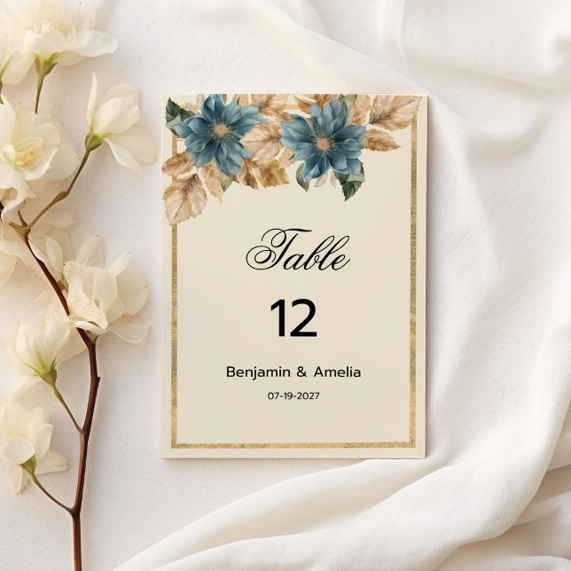 Bordsnummer i blommigten vår i Blåelfenben guld (Blue ivory gold fall spring floral Table Numbers)