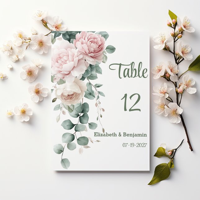 Bordsnummer i rosa trädgårdshögarna eukalyptus löv (Pink garland peonies eucalyptus leaf Table Numbers )