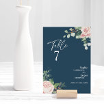 Bordsnummer-kort för  Blommigt Bröllop Bordsnummer<br><div class="desc">Den här blommigten bröllop-bordsnummer-kortsdesignen har en vacker chic, klassisk bakgård av pastel-rosa och marinblått med enkel modern typografi och kalligrafi av elegant för att ange en sofistikerad ton för alla stil av händelser. Varje produkt är förskönad med vackra rosa ros och persiko- och elfenbenshydrangeer med detaljer om lush-eukalyptus och grönt...</div>