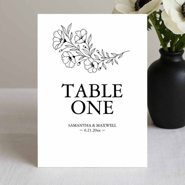 Bordsnummer-kort för Svarta och vita Bröllop Inbjudningar (Black and white wedding table cards modern elegant floral line art by Victoria of Do Tell A Belle)
