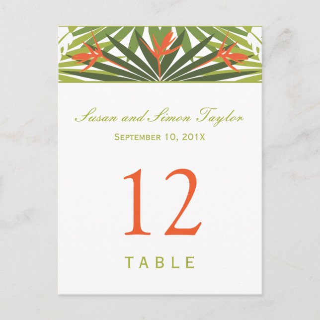 Bordsnummer-kort för tropisk Blommigt | Grönt och  Vykort (Framsida)