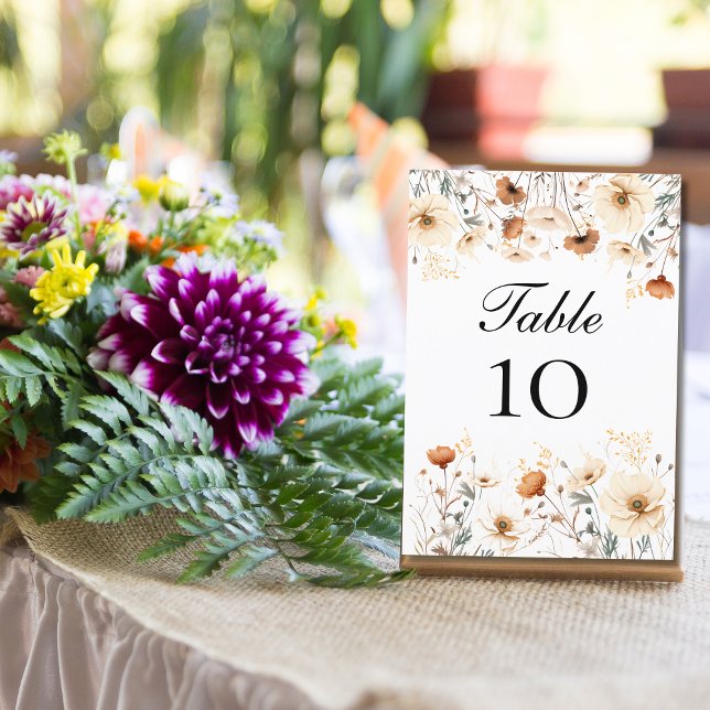 Bordsnummer-kort för Wildblommor Gult Beige Bröllo (Boho Wildflowers Yellow Beige Terracotta Burnt Orange Wedding Table Number Cards)