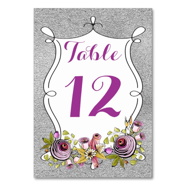 Bordsnummer-kort | Plum, FAUX Silver Foil Blommigt Bordsnummer (Framsidan)