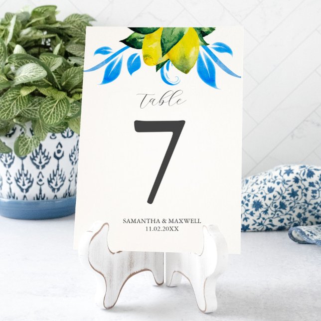 Bordsnummer Lemons Bröllop Italien (table number card template botanical blue and yellow lemons watercolor art by Victoria Grigaliunas)