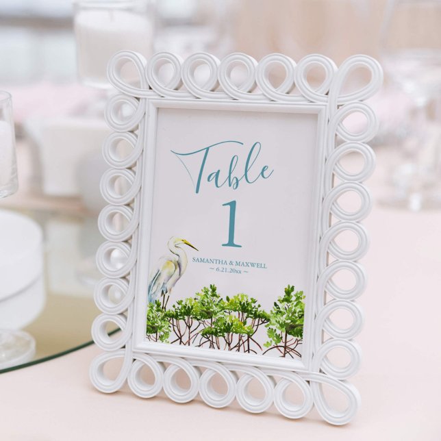Bordsnummer Watercolor Beach Wedlings 4 x 6 Fototryck (Beach wedding table numbers watercolor tropical bird and mangroves Key West and Florida Keys)