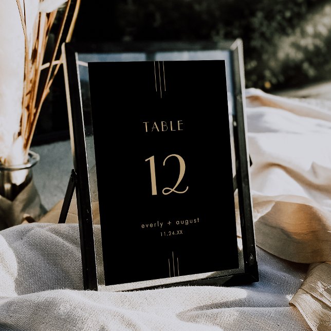 Bordsnumren Bröllop i Svarta Guld Inbjudningar (EVERLY Art Deco Black Gold Wedding Table Numbers)