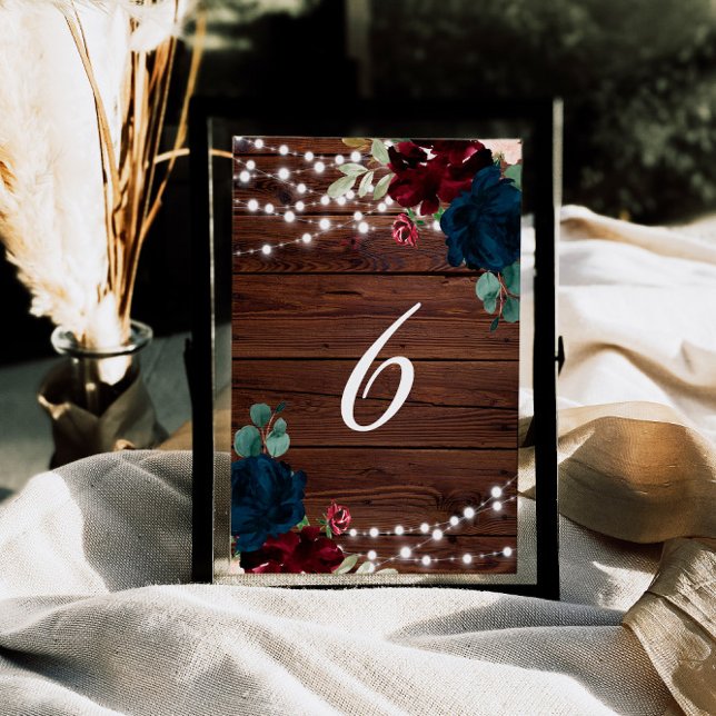 Bordsnumren Marsala & Navy Flowers Rustic Wood 6 Bordsnummer (Skapare uppladdad)