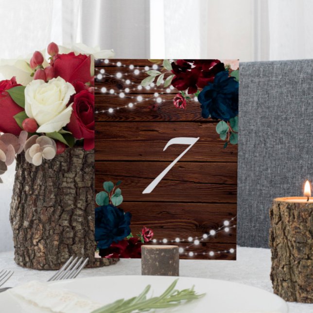 Bordsnumren Marsala & Navy Flowers Rustic Wood 7 Bordsnummer (Skapare uppladdad)