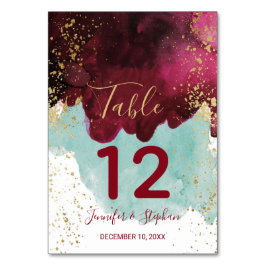 Bordsnumren Marsala Red Teal Watercolor Guld Bordsnummer