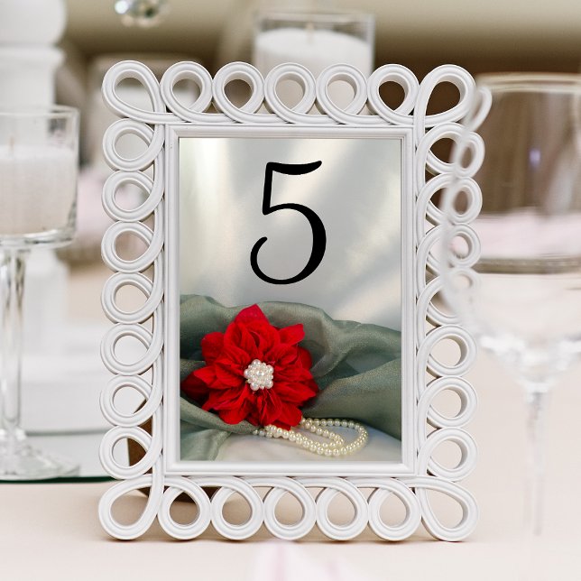 Bordsnumren Poinsettia och Pearls Winter Wedding Bordsnummer (Set a festive table at your December event with the elegant Poinsettia and Pearls Table Numbers.)