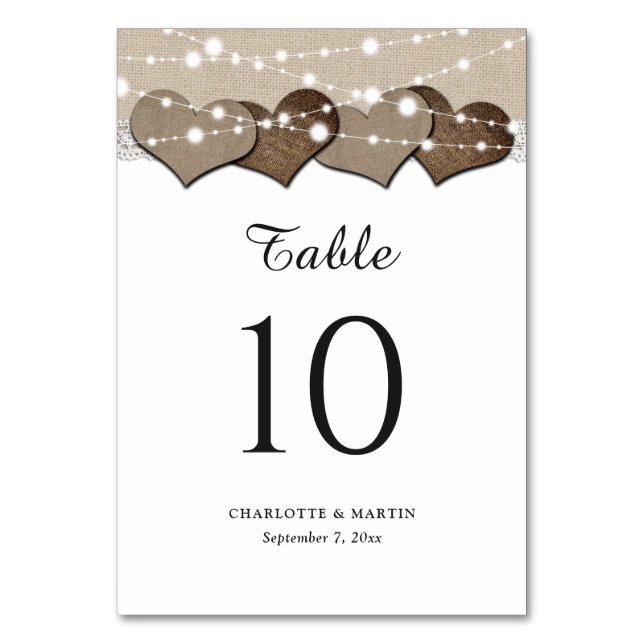 Bordsnumren Rustic Burlap och Snöre Bröllop Bordsnummer (Framsidan)