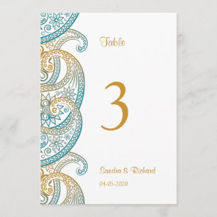 Bordsnumren Teal & Guld Paisley Indiska Bröllop Inbjudningar