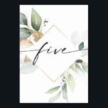 Bordsnumren Watercolor Greenery och Guld 5 Bordsnummer<br><div class="desc">Den här bordsnumret har en elegant arrangemang av eukalyptus grey och ett minimalt typsnitt. Klicka på knappen "Klicka för att anpassa ytterligare" för att redigera skriptordalydelsen färg och färg i bakgrunden. Se hela samlingen för mer matchande objekt!</div>