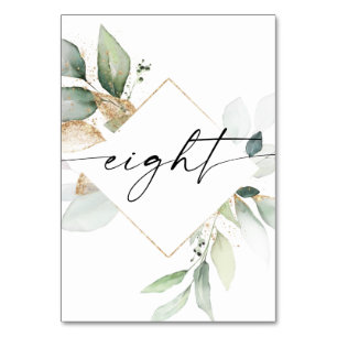 Bordsnumren Watercolor Greenery och Guld Åtta Bordsnummer