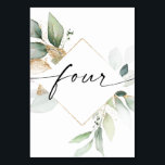 Bordsnumren Watercolor Greenery och Guld fyra Bordsnummer<br><div class="desc">Den här bordsnumret har en elegant arrangemang av eukalyptus grey och ett minimalt typsnitt. Klicka på knappen "Klicka för att anpassa ytterligare" för att redigera skriptordalydelsen färg och färg i bakgrunden. Se hela samlingen för mer matchande objekt!</div>