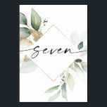 Bordsnumren Watercolor Greenery och Guld Seven Bordsnummer<br><div class="desc">Den här bordsnumret har en elegant arrangemang av eukalyptus grey och ett minimalt typsnitt. Klicka på knappen "Klicka för att anpassa ytterligare" för att redigera skriptordalydelsen färg och färg i bakgrunden. Se hela samlingen för mer matchande objekt!</div>