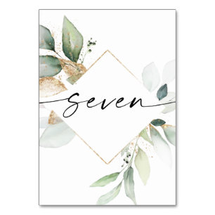 Bordsnumren Watercolor Greenery och Guld Seven Bordsnummer