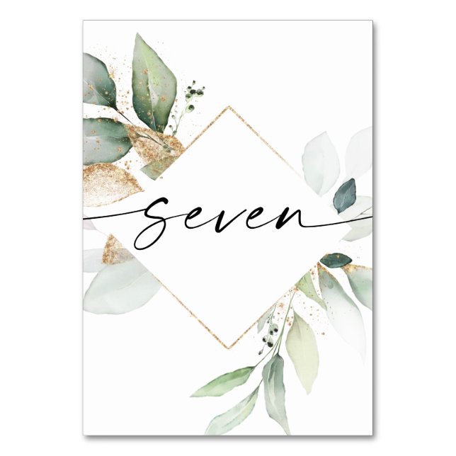 Bordsnumren Watercolor Greenery och Guld Seven Bordsnummer (Framsidan)