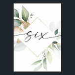 Bordsnumren Watercolor Greenery och Guld Sex Bordsnummer<br><div class="desc">Den här bordsnumret har en elegant arrangemang av eukalyptus grey och ett minimalt typsnitt. Klicka på knappen "Klicka för att anpassa ytterligare" för att redigera skriptordalydelsen färg och färg i bakgrunden. Se hela samlingen för mer matchande objekt!</div>