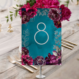 Bordsnumret Aqua Teal Merlot Jewel Tone Bröllop Bordsnummer
