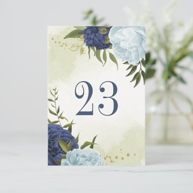 bordsnumret blåa blommor grönt löv i marindamm inbjudningar (Stående Fram)