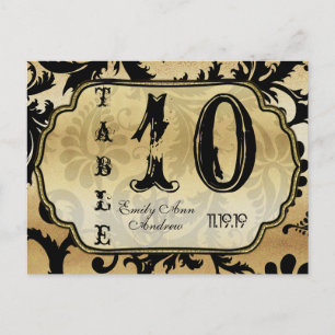 Bordsnumret Black and Guld Damask Swirls Vykort