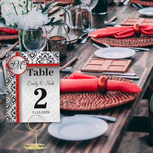 Bordsnumret Black and Silver Damask Red Trim Vykort