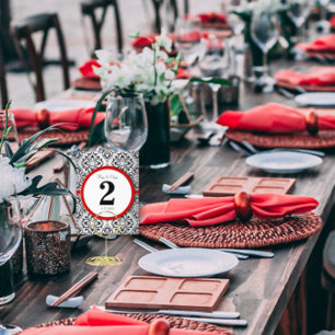 Bordsnumret Black and Silver Damask Red Trim Vykort