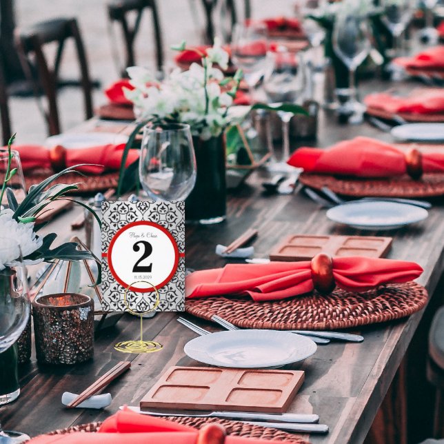 Bordsnumret Black and Silver Damask Red Trim Vykort (Skapare uppladdad)