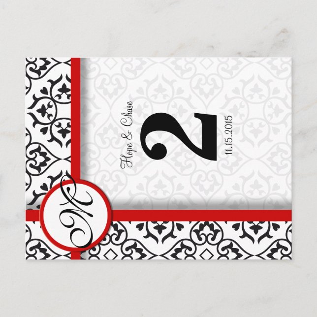 Bordsnumret Black and White Damask Red Trim Vykort (Framsida)