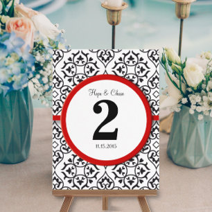 Bordsnumret Black and White Damask Red Trim Vykort