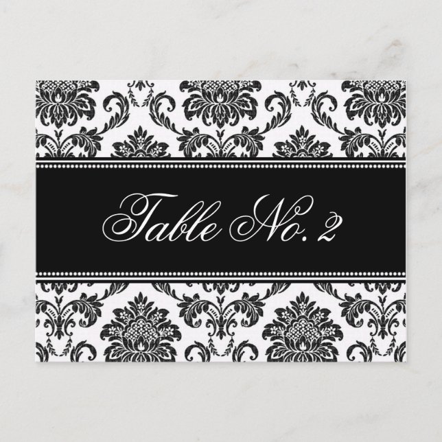 Bordsnumret Black and White Damask Wedding Vykort (Framsida)