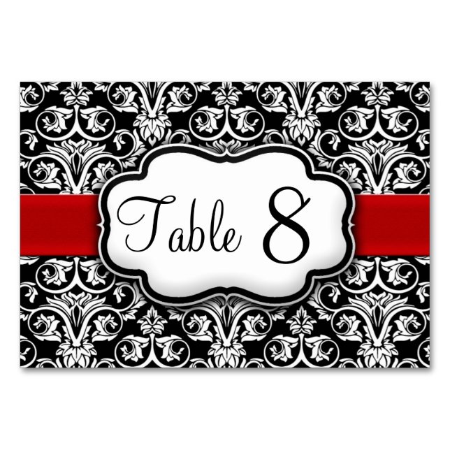 Bordsnumret Black/White Damask Red Ribbon Bordsnummer (Framsidan)