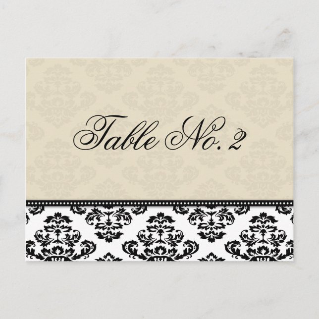 Bordsnumret Black White och Ivory Damask Wedding Vykort (Framsida)
