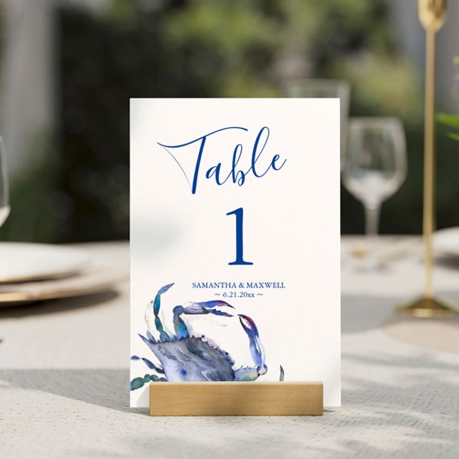 Bordsnumret Blue Coastal Crab Bröllop Inbjudningar (Table number cards destination beach wedding watercolor blue crab art by Victoria Grigaliunas)