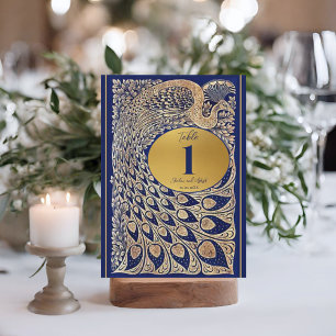 Bordsnumret Blue Guld Peacock Art nouveau Bröllop