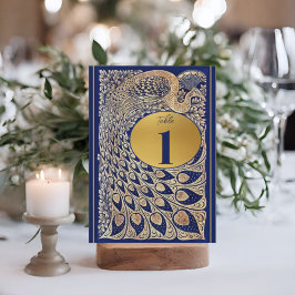 Bordsnumret Blue Guld Peacock Art nouveau Bröllop