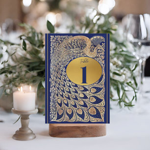 Bordsnumret Blue Guld Peacock Art nouveau Bröllop