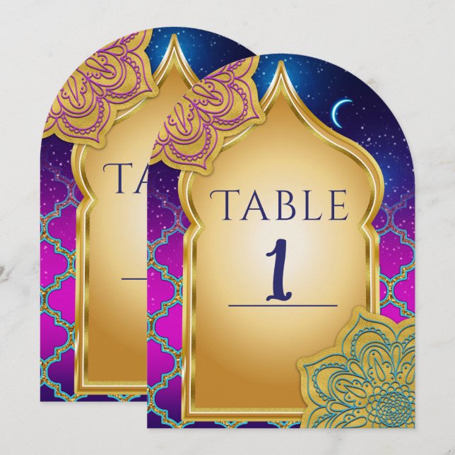 Bordsnumret Blue Måne Arabian Nights Glam Guld Inbjudningar (Fram/baksida)